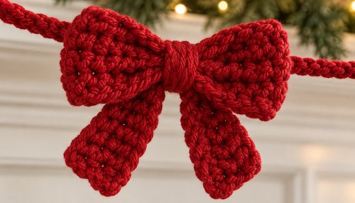 Close-up of a red crochet bow showing stitch texture