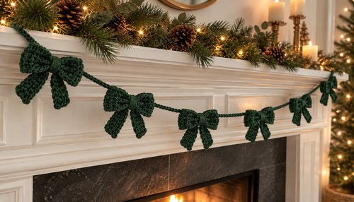 Crochet bow garland in green on a Christmas mantel