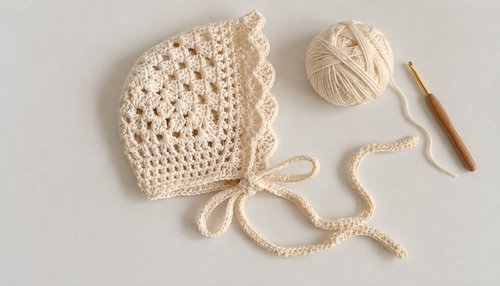 Crochet baby bonnet: flat lay of bonnet with soft yarn and hook
