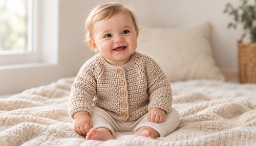 Crochet baby cardigan: tiny cardigan worn