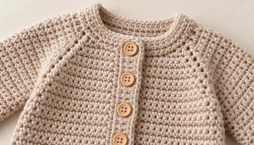 Crochet baby cardigan: close-up of tiny buttons and stitch detail