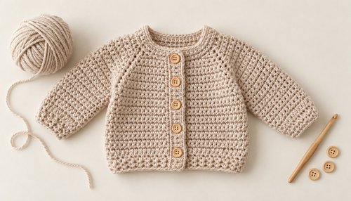 Crochet baby cardigan: flat lay of cardigan with soft yarn hook and buttons