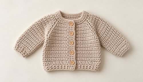 Beige crochet baby cardigan with wooden buttons