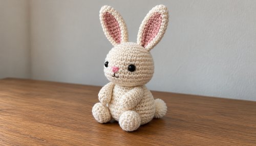 Finished crochet bunny amigurumi doll with long ears and pink inner ears