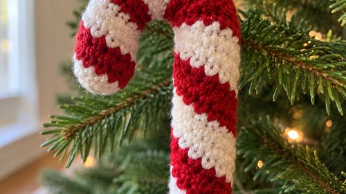 Close-up of red and white striped crochet candy cane ornament