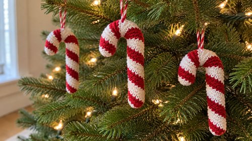 Crochet candy cane ornaments hanging on a Christmas tree branch