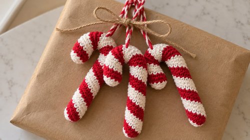 Set of red and white crochet candy cane ornaments ready for gifting