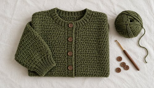 Crochet cardigan pattern: flat lay of cardigan with yarn hook and buttons
