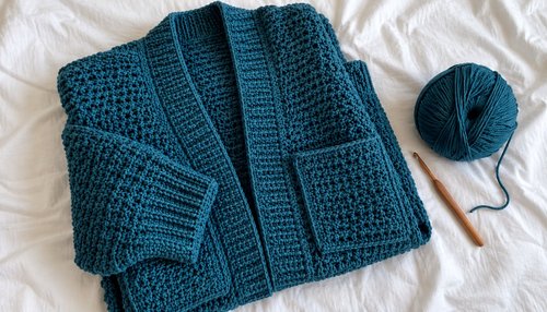 Crochet cardigans: flat lay of folded cardigan with yarn and hook