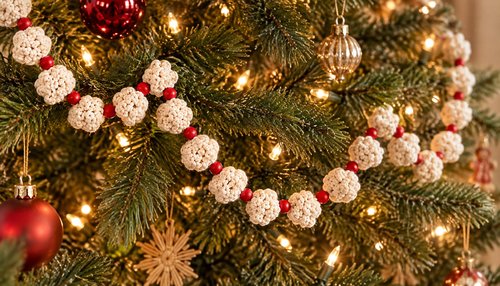 Crochet popcorn garland draped in swags on a Christmas tree