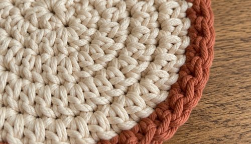Close-up of crochet coaster stitches showing the flat double crochet circle