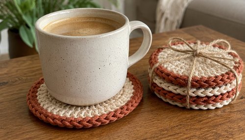 Set of four crochet coasters tied with twine under a coffee mug