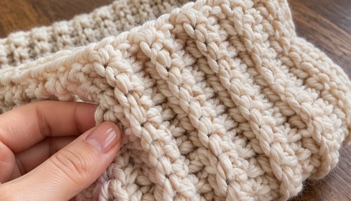 Close-up of ridged crochet cowl texture in worsted yarn
