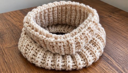 Crochet cowl folded double on a wooden table showing the ridged texture