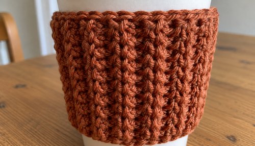 Close-up of ribbed crochet cup cozy texture in cotton yarn