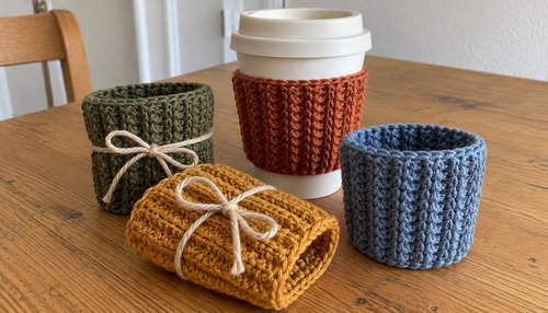 Set of colorful crochet cup cozies ready for gifting