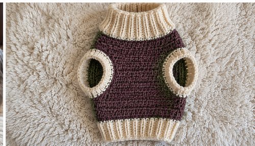 Crochet dog sweater flat lay showing collar, leg openings, and ribbed hem