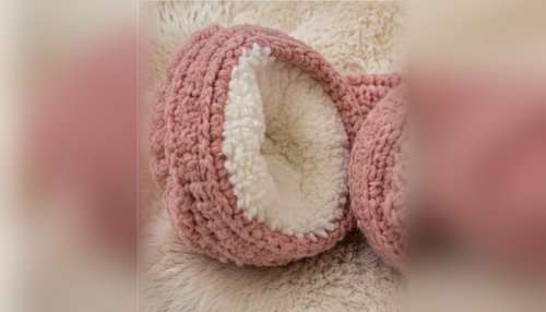 Crochet earmuffs with fleece lining visible inside the cup