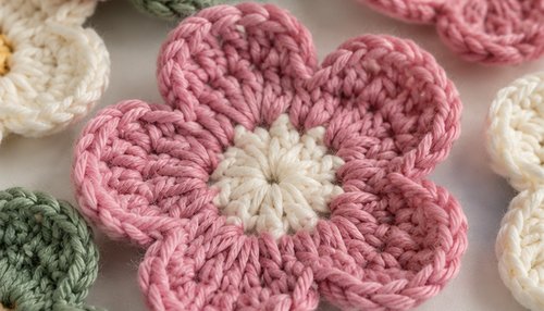 Crochet flower tutorial: flat lay of flowers with yarn and hook