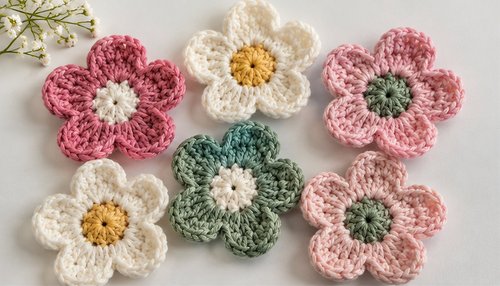 Crocheted five-petal flowers in pink white and green