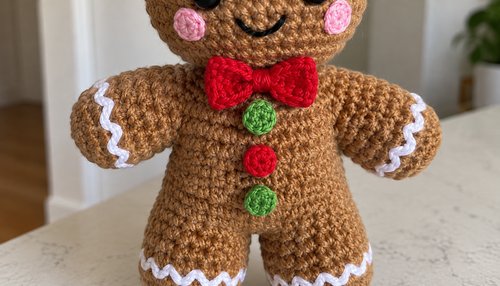Close-up of crochet gingerbread man icing trim and button details