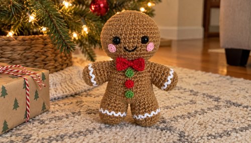 Crochet gingerbread man plush styled with holiday decor
