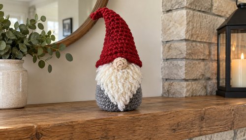 Crochet gnome styled on Christmas mantel with candles and pine