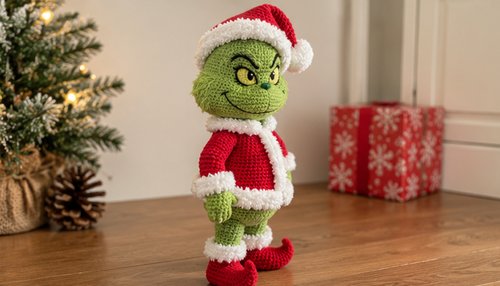 Finished crochet Grinch amigurumi with Santa hat and red coat trim