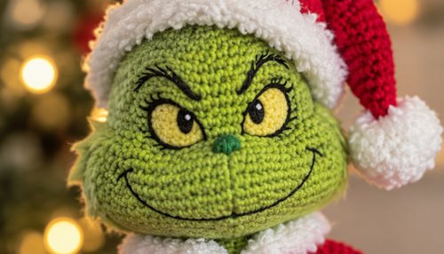 Close-up of the embroidered grumpy face on a crochet Grinch doll