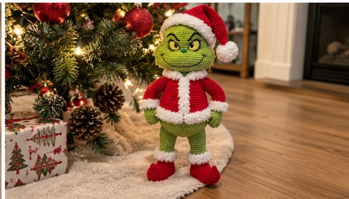 Crochet Grinch doll displayed beside a Christmas tree