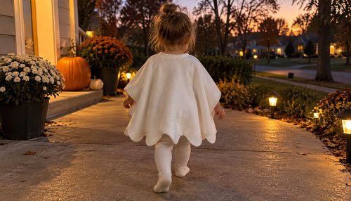 Back view of a toddler in a crochet ghost poncho costume at dusk