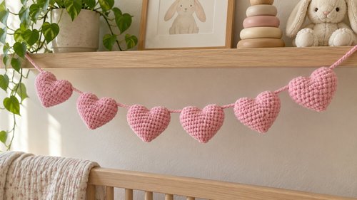 Crochet heart garland strung across a nursery wall