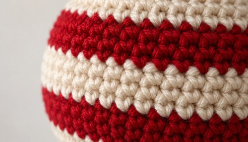 Close-up of the crisp red and cream stripes on a crochet ball ornament