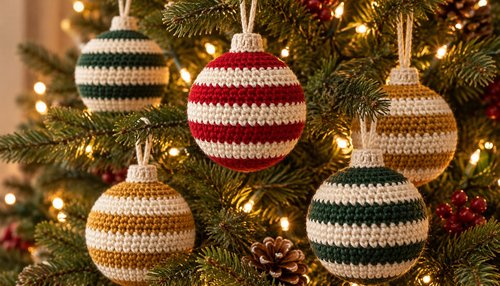 Striped crochet ball ornaments hanging on a Christmas tree