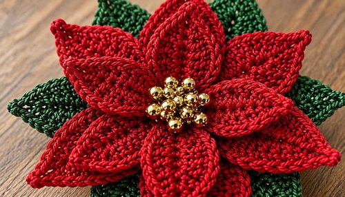 Close-up of layered red bracts with golden beaded center on a crochet poinsettia