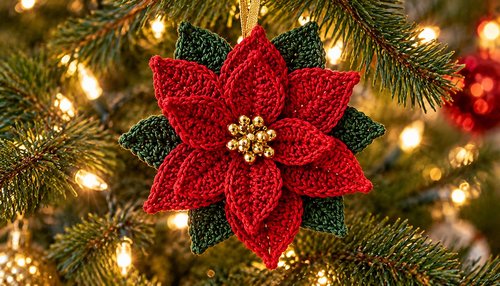 Crochet poinsettia flower hanging as a Christmas tree ornament