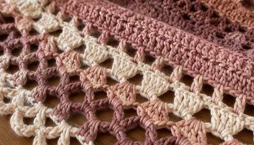 Close-up of lace mesh sections on a crochet shawl