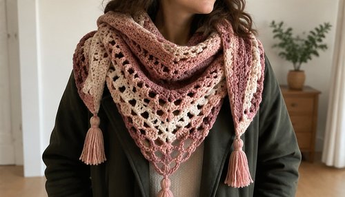 Woman wearing an elegant crochet shawl draped over shoulders