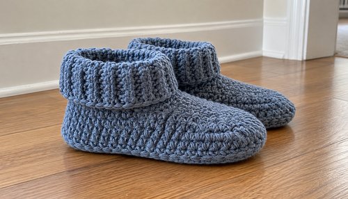Pair of cozy crochet slippers in worsted yarn, side view showing heel and cuff