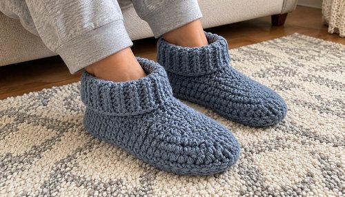 Crochet slippers worn on feet, cozy home setting