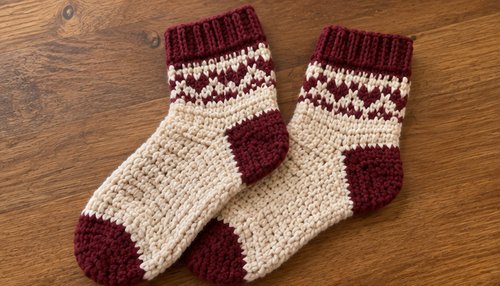 Pair of cozy crochet socks showing toe, heel, and ribbed cuff