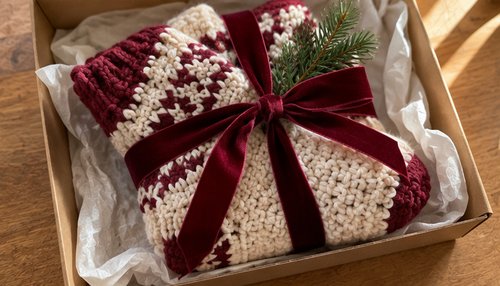 Cozy crochet socks styled as a winter gift with ribbon