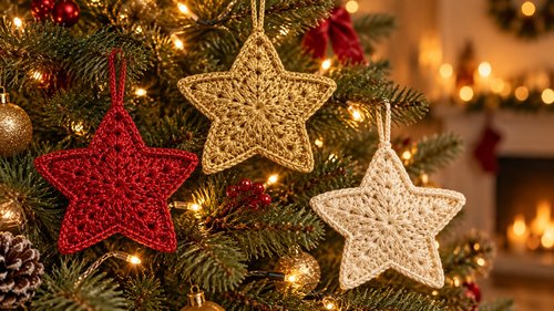 Several crochet star ornaments in gold, red, and cream hanging on a Christmas tree