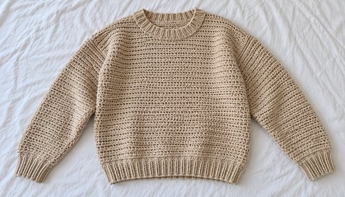 Flat lay of a finished crochet sweater pullover in five sizes
