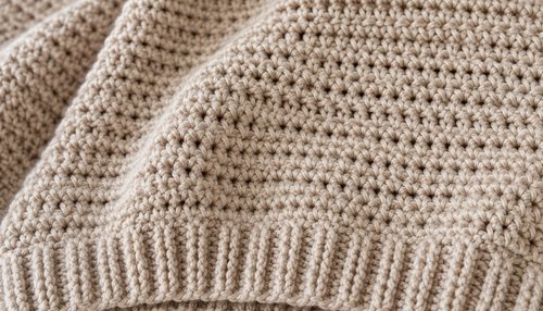 Close-up of double crochet stitches and ribbed hem on a crochet sweater
