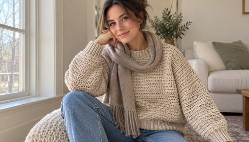 Woman wearing a handmade crochet sweater styled with a scarf