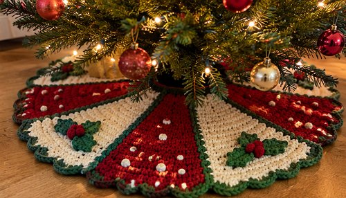 Round crochet tree skirt with scalloped edge under a Christmas tree