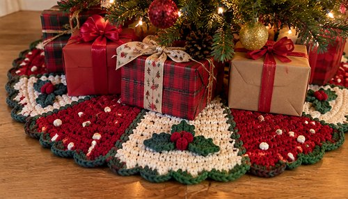 Crochet tree skirt styled with wrapped gifts under the tree