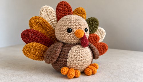 Classic crochet turkey amigurumi with colorful tail feathers