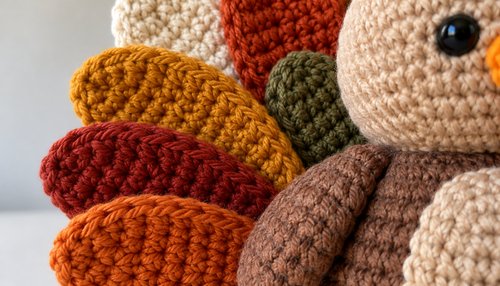 Close-up of crochet turkey tail feathers in autumn colors